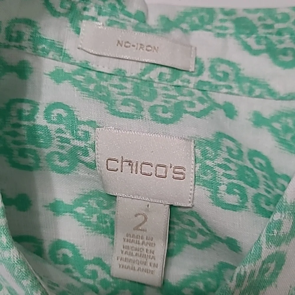 Chico's Green & White Patterned 100% Linen Button-Up 3/4 Length Sleeve Top (2)
